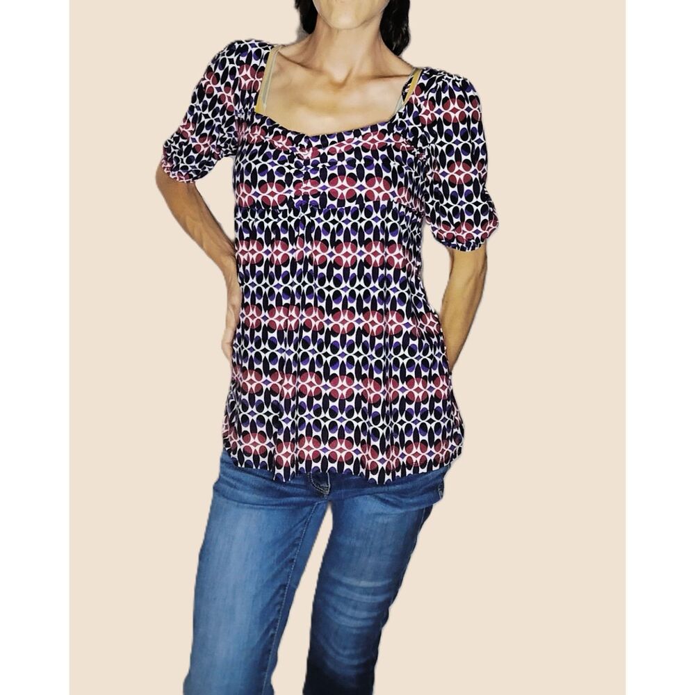 AB Studio ~ Black Pink Purple Geometric Babydoll Top ~ Size Small